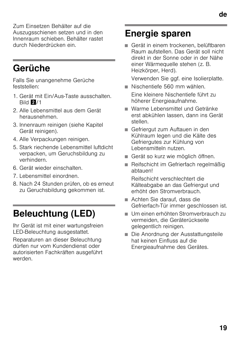 Gerüche, Beleuchtung (led), Energie sparen | Gerüche beleuchtung (led) energie sparen, De 19 | Neff KI2823D30 User Manual | Page 19 / 101