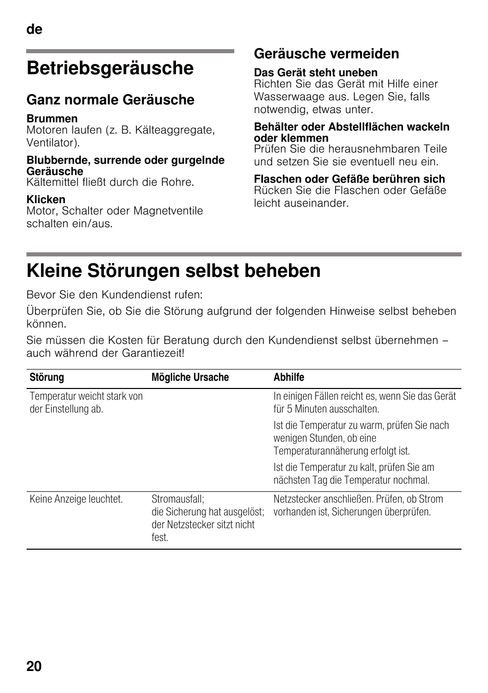 Betriebsgeräusche, Ganz normale geräusche, Brummen | Blubbernde, surrende oder gurgelnde geräusche, Klicken, Geräusche vermeiden, Das gerät steht uneben, Behälter oder abstellflächen wackeln oder klemmen, Flaschen oder gefäße berühren sich, Kleine störungen selbst beheben | Neff KI2823D30 User Manual | Page 20 / 101