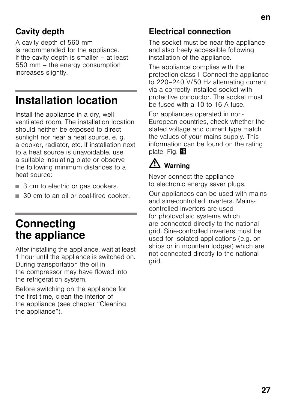 Cavity depth, Installation location, Connecting the appliance | Electrical connection, Installation location connecting the appliance, En 27 cavity depth | Neff KI2823D30 User Manual | Page 27 / 101