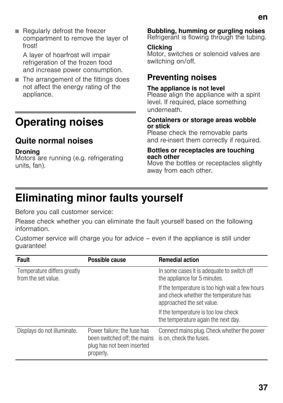 Operating noises, Quite normal noises, Droning | Bubbling, humming or gurgling noises, Clicking, Preventing noises, The appliance is not level, Containers or storage areas wobble or stick, Bottles or receptacles are touching each other, Eliminating minor faults yourself | Neff KI2823D30 User Manual | Page 37 / 101