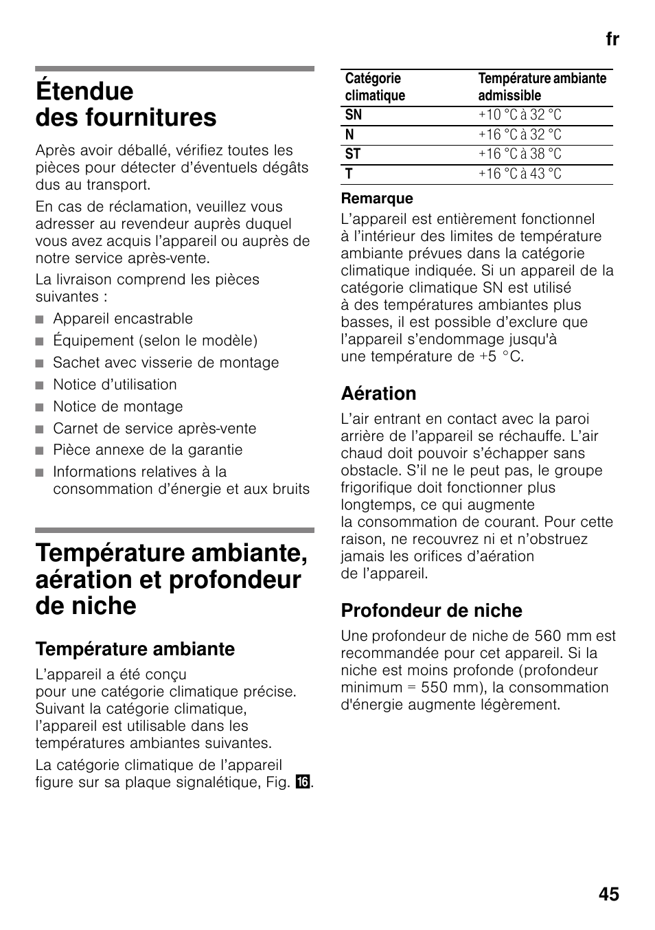 Étendue des fournitures, Température ambiante, Aération | Profondeur de niche, Et profondeur de niche, Fr 45 | Neff KI2823D30 User Manual | Page 45 / 101