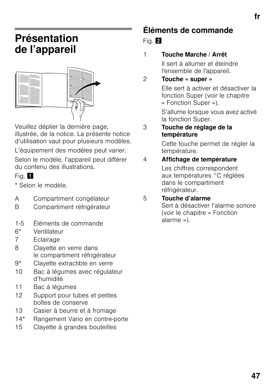 Présentation de l’appareil, Éléments de commande, Fr 47 | Neff KI2823D30 User Manual | Page 47 / 101