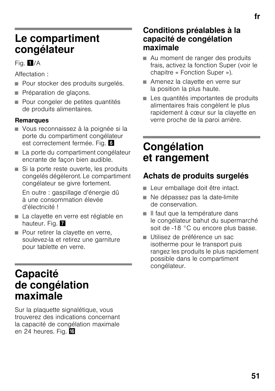 Le compartiment congélateur, Capacité de congélation maximale, Congélation et rangement | Achats de produits surgelés, Fr 51 | Neff KI2823D30 User Manual | Page 51 / 101