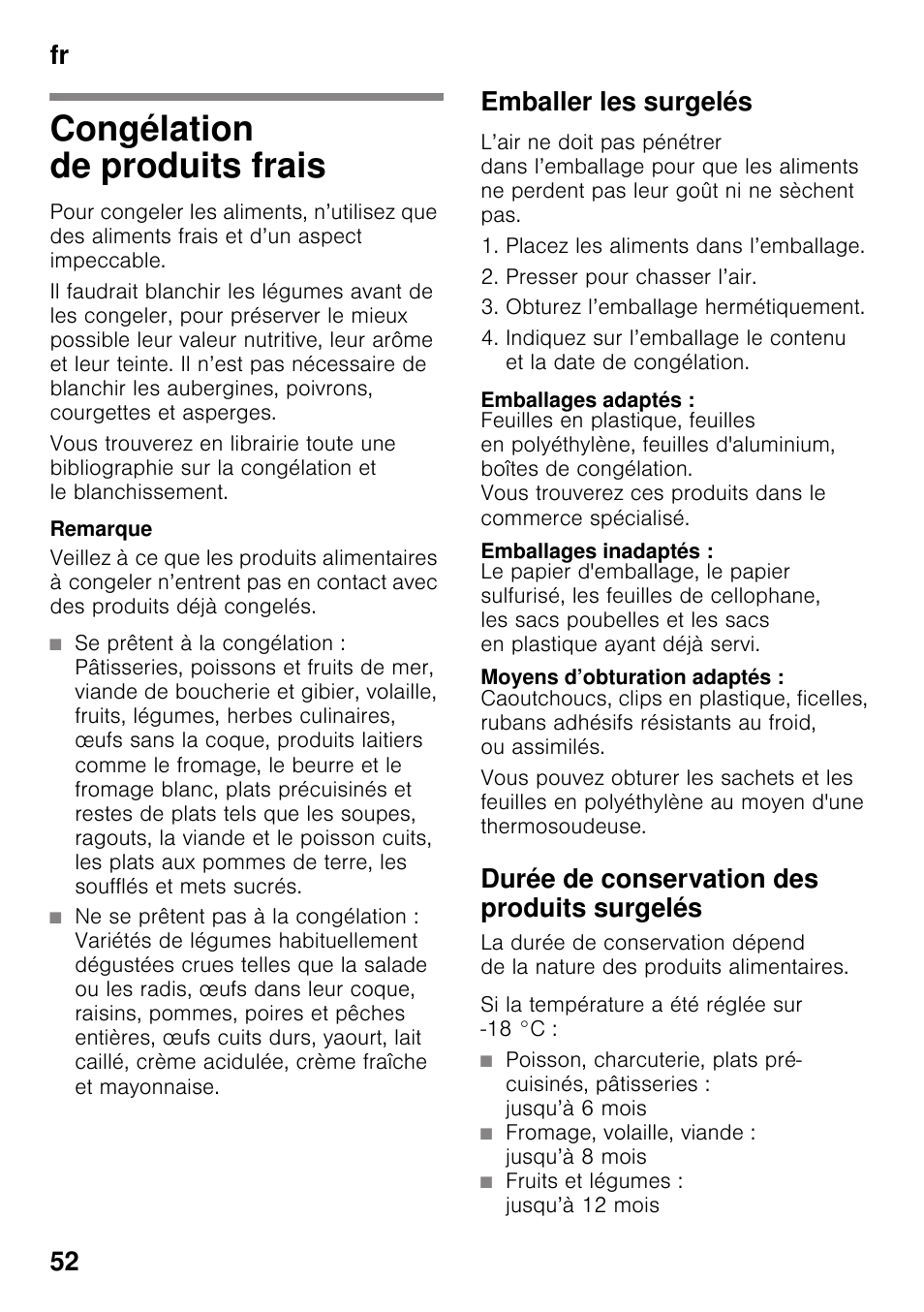 Congélation de produits frais, Emballer les surgelés, Emballages adaptés | Emballages inadaptés, Moyens d’obturation adaptés, Durée de conservation des produits surgelés, Fr 52 | Neff KI2823D30 User Manual | Page 52 / 101