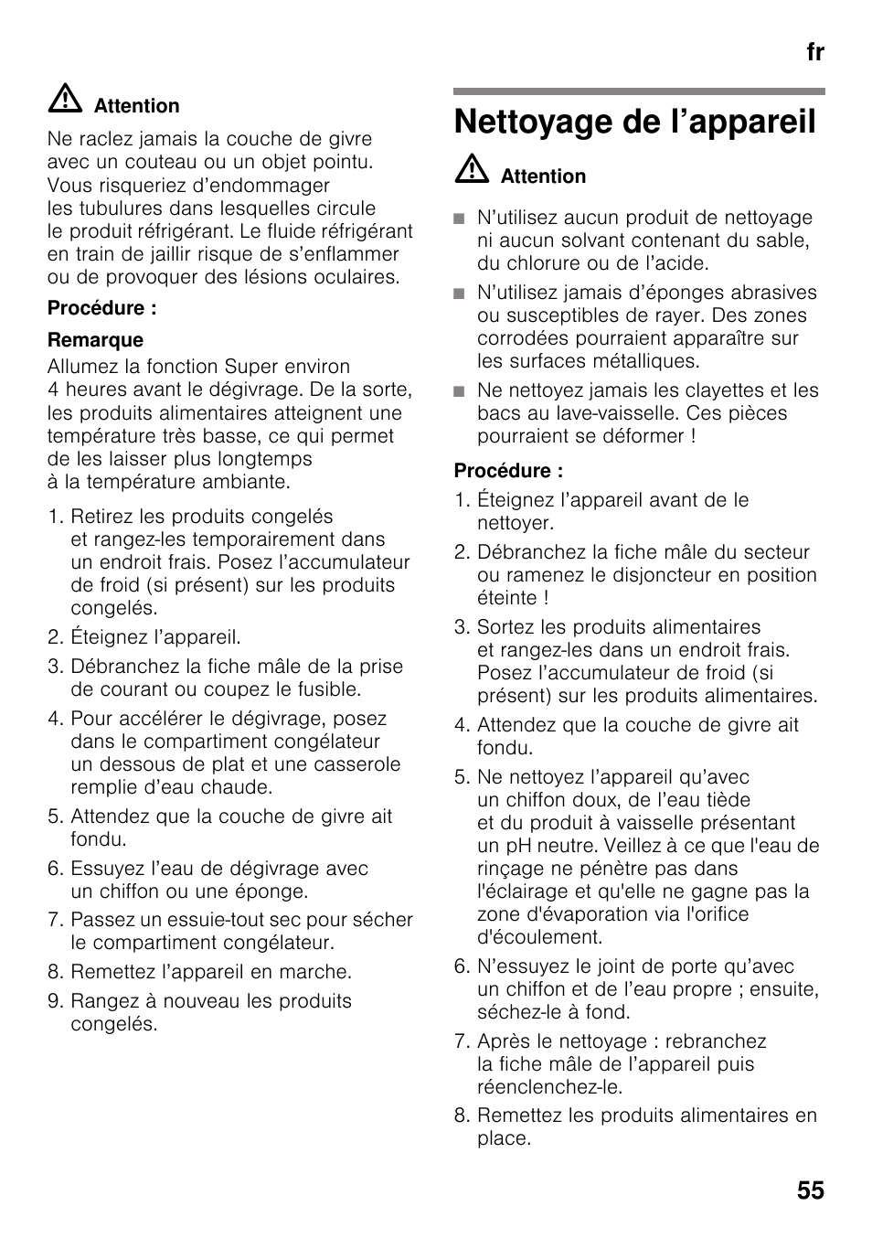 Procédure, Nettoyage de l’appareil, Fr 55 | Neff KI2823D30 User Manual | Page 55 / 101