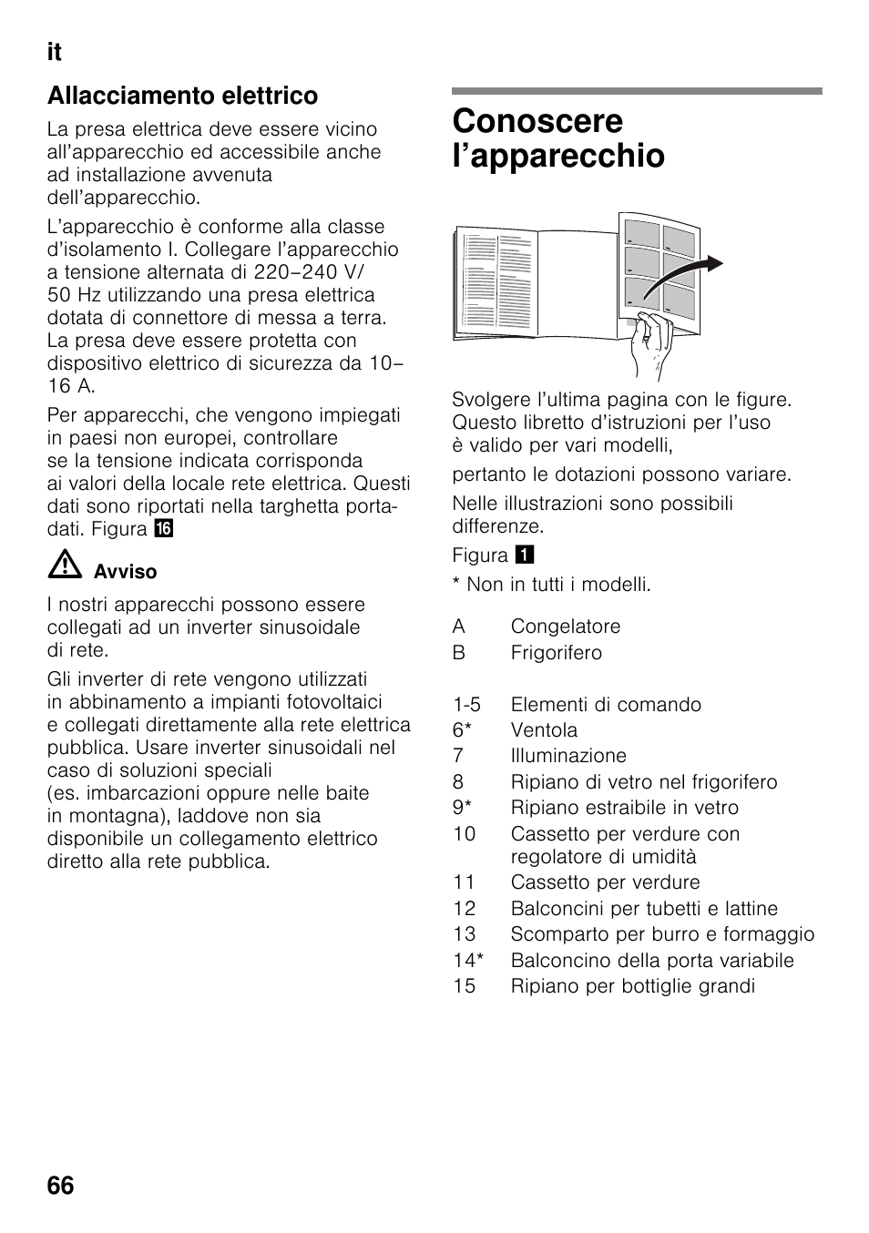 Allacciamento elettrico, Conoscere l’apparecchio, It 66 allacciamento elettrico | Neff KI2823D30 User Manual | Page 66 / 101