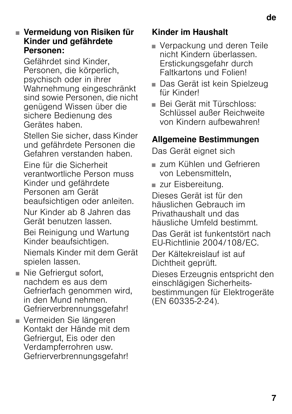 Kinder im haushalt, Allgemeine bestimmungen | Neff KI2823D30 User Manual | Page 7 / 101