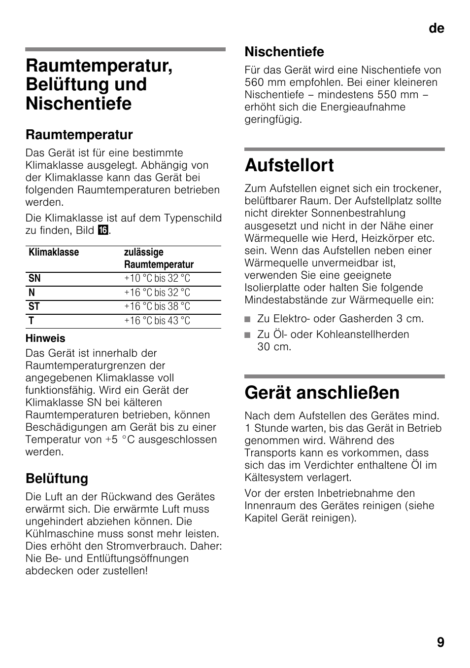 Raumtemperatur, belüftung und nischentiefe, Raumtemperatur, Belüftung | Nischentiefe, Aufstellort, Gerät anschließen, Nischentiefe aufstellort gerät anschließen, De 9 | Neff KI2823D30 User Manual | Page 9 / 101