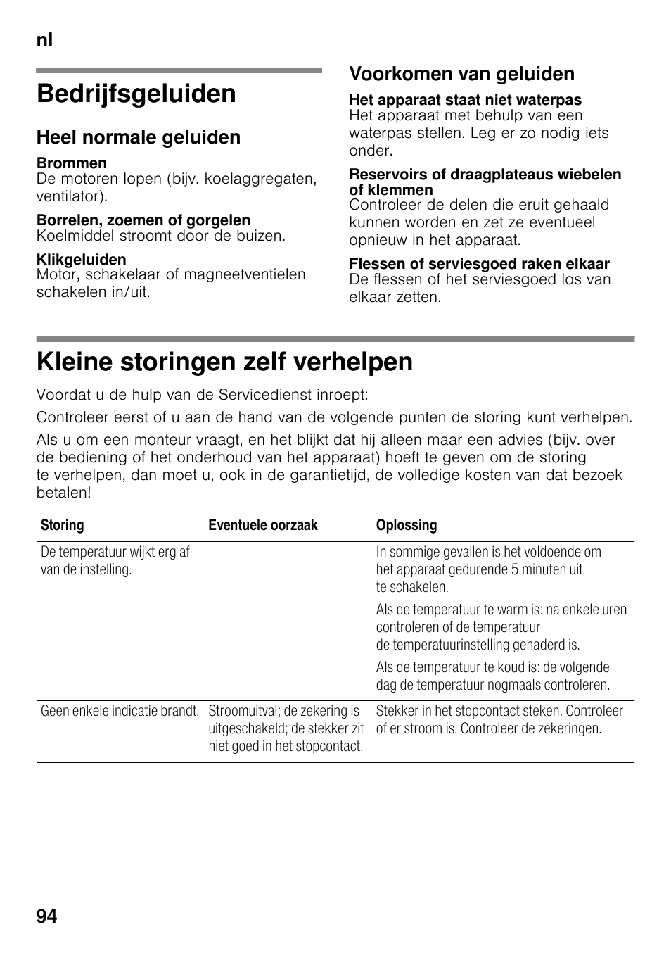 Bedrijfsgeluiden, Heel normale geluiden, Brommen | Borrelen, zoemen of gorgelen, Klikgeluiden, Voorkomen van geluiden, Het apparaat staat niet waterpas, Reservoirs of draagplateaus wiebelen of klemmen, Flessen of serviesgoed raken elkaar, Kleine storingen zelf verhelpen | Neff KI2823D30 User Manual | Page 94 / 101