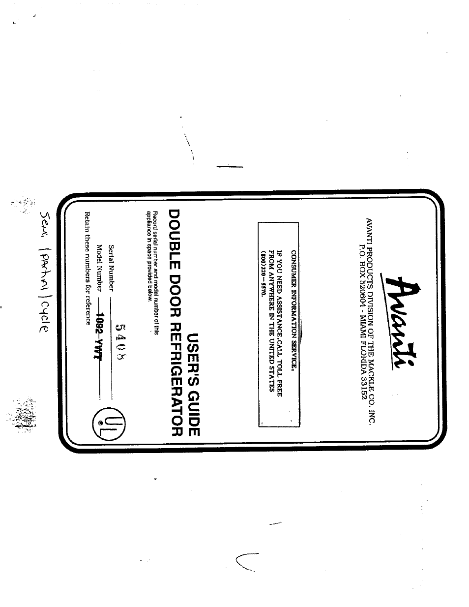 Avanti 1092 YWT User Manual | 7 pages