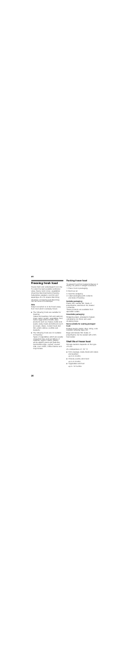 Freezing fresh food, Freeze fresh and undamaged food only, Note | Packing frozen food, Suitable packaging, Unsuitable packaging, Items suitable for sealing packaged food, Shelf life of frozen food, Storage duration depends on the type of food, At a temperature of -18 °c | Neff G8320X0 User Manual | Page 28 / 89