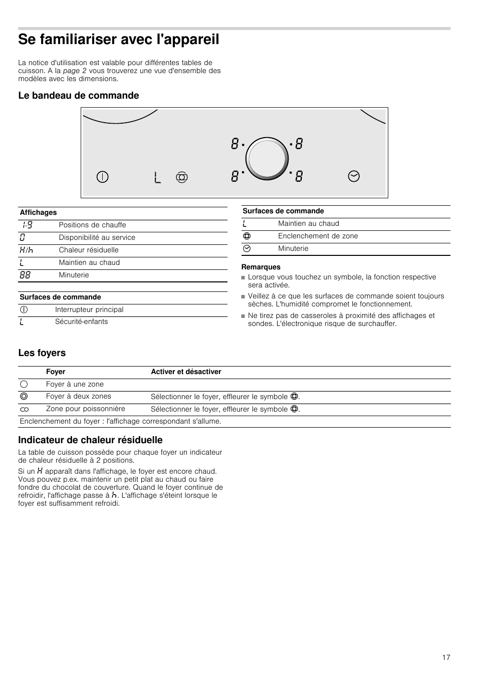 Se familiariser avec l'appareil, Le bandeau de commande, Remarques | Les foyers, Indicateur de chaleur résiduelle, Les foyers indicateur de chaleur résiduelle | Neff T93T42N2MK User Manual | Page 17 / 52