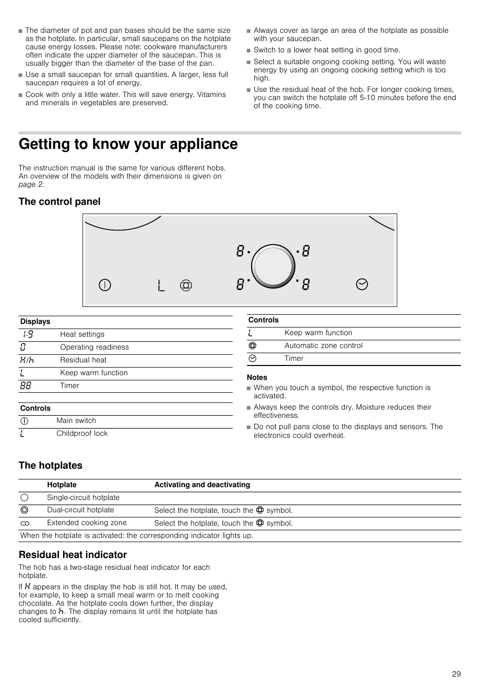 Getting to know your appliance, The control panel, Notes | The hotplates, Residual heat indicator, Our appliance, The hotplates residual heat indicator | Neff T93T42N2MK User Manual | Page 29 / 52