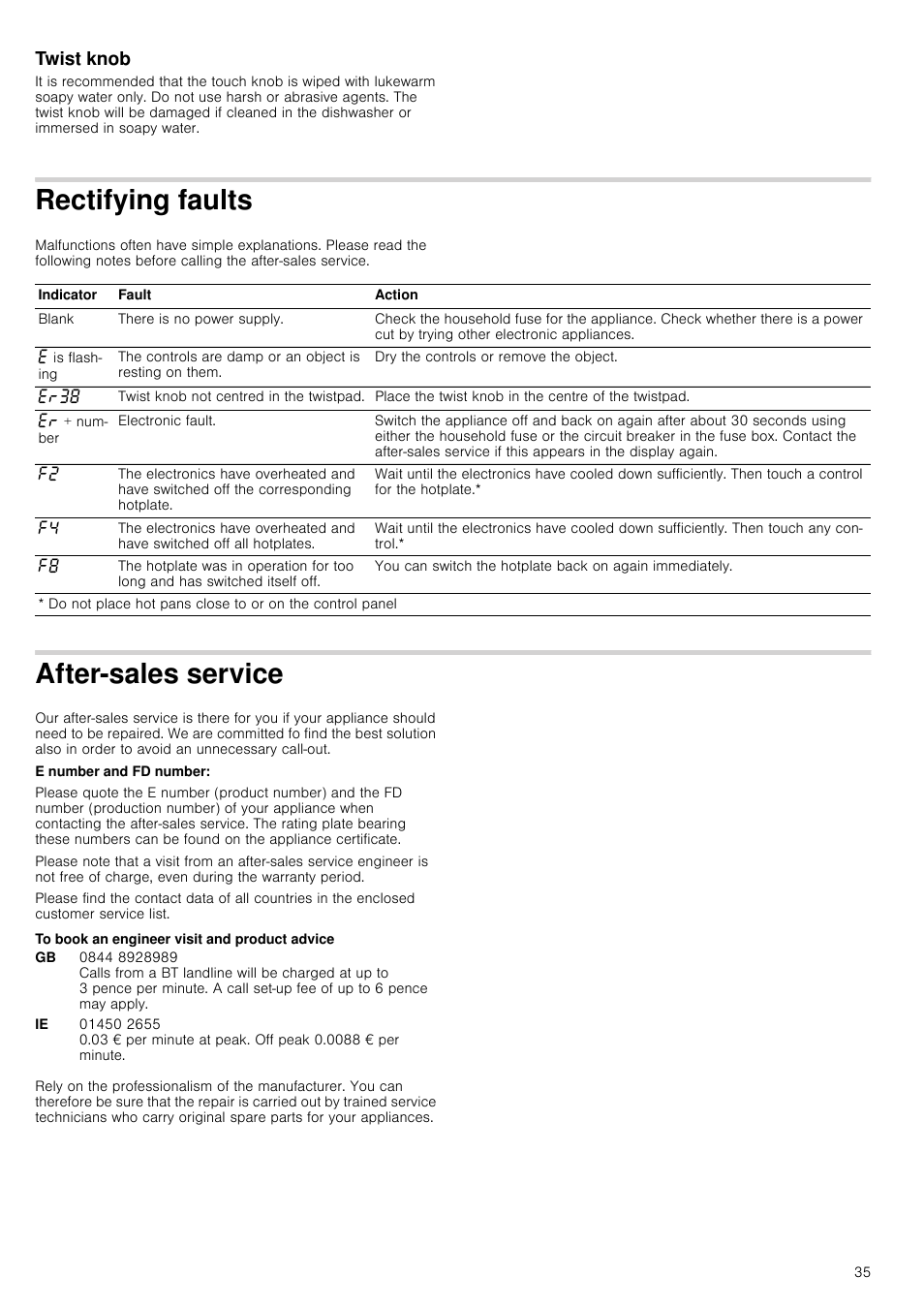 Twist knob, Rectifying faults, After-sales service | To book an engineer visit and product advice, Vice | Neff T93T42N2MK User Manual | Page 35 / 52