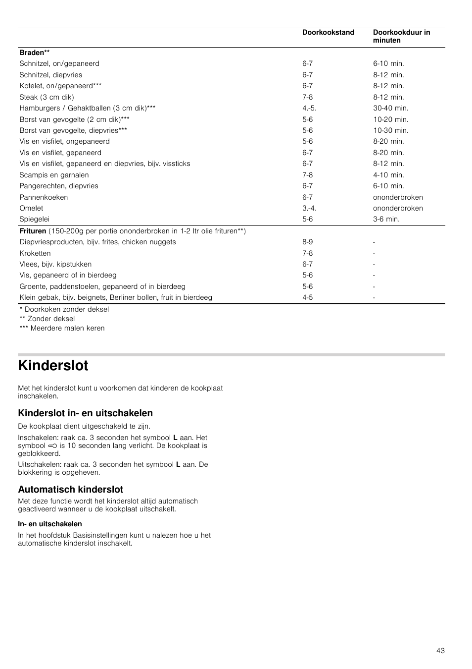 Kinderslot, Kinderslot in- en uitschakelen, Automatisch kinderslot | In- en uitschakelen | Neff T93T42N2MK User Manual | Page 43 / 52