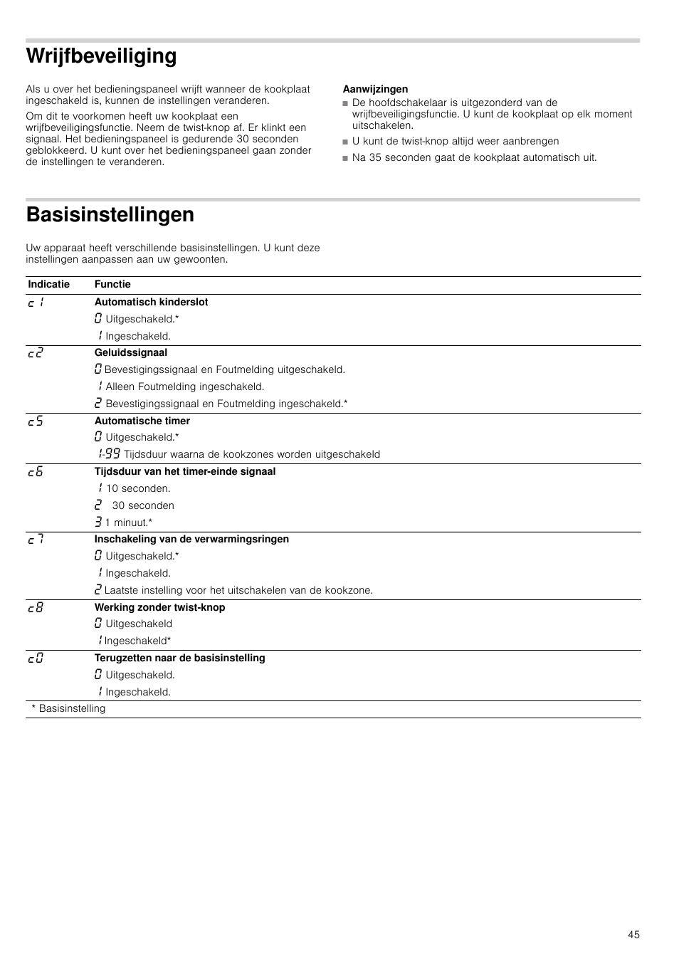 Wrijfbeveiliging, Aanwijzingen, Basisinstellingen | Eiliging | Neff T93T42N2MK User Manual | Page 45 / 52