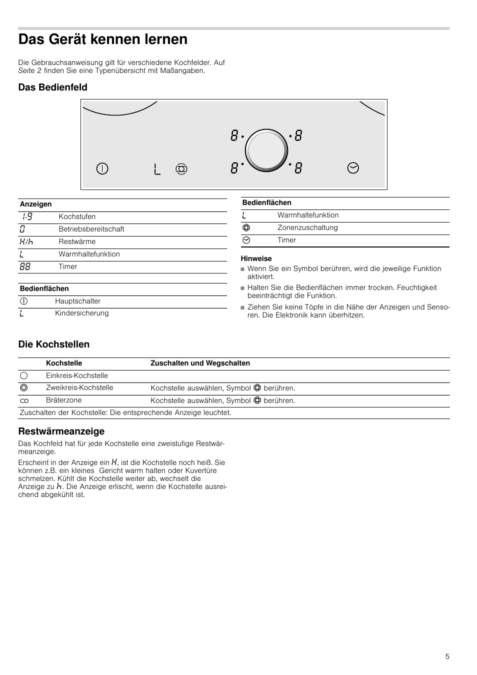 Das gerät kennen lernen, Das bedienfeld, Hinweise | Die kochstellen, Restwärmeanzeige, Ennen lernen, Die kochstellen restwärmeanzeige | Neff T93T42N2MK User Manual | Page 5 / 52