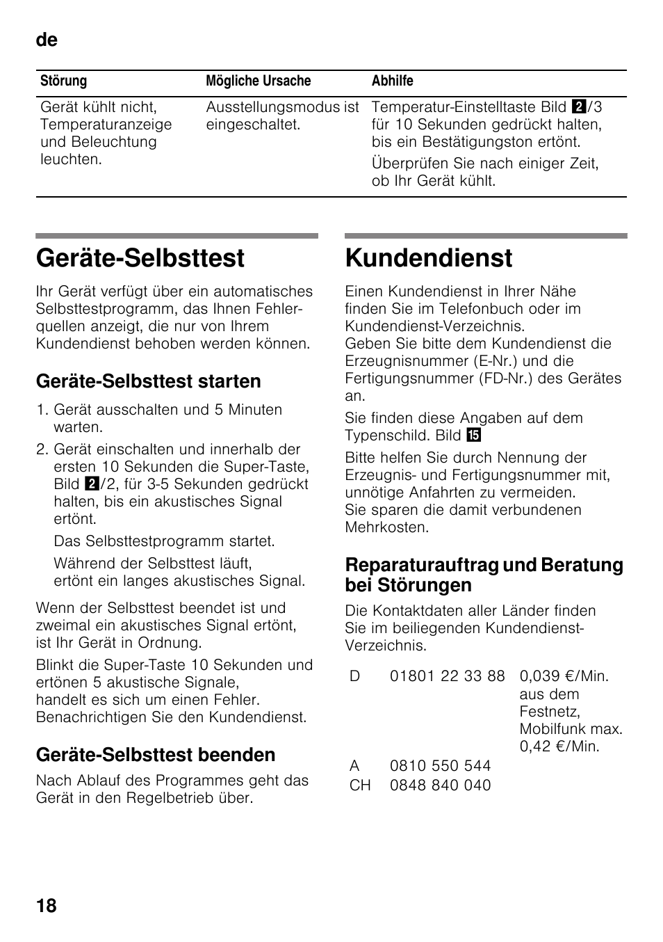 Geräte-selbsttest, Geräte-selbsttest starten, Geräte-selbsttest beenden | Kundendienst, Reparaturauftrag und beratung bei störungen, Geräte-selbsttest kundendienst, De 18 | Neff KI2223D40 User Manual | Page 18 / 83