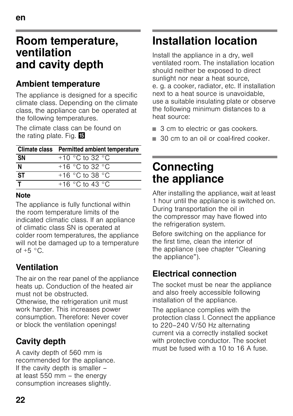 Room temperature, ventilation and cavity depth, Ambient temperature, Ventilation | Cavity depth, Installation location, 3 cm to electric or gas cookers, 30 cm to an oil or coal-fired cooker, Connecting the appliance, Electrical connection, En 22 | Neff KI2223D40 User Manual | Page 22 / 83