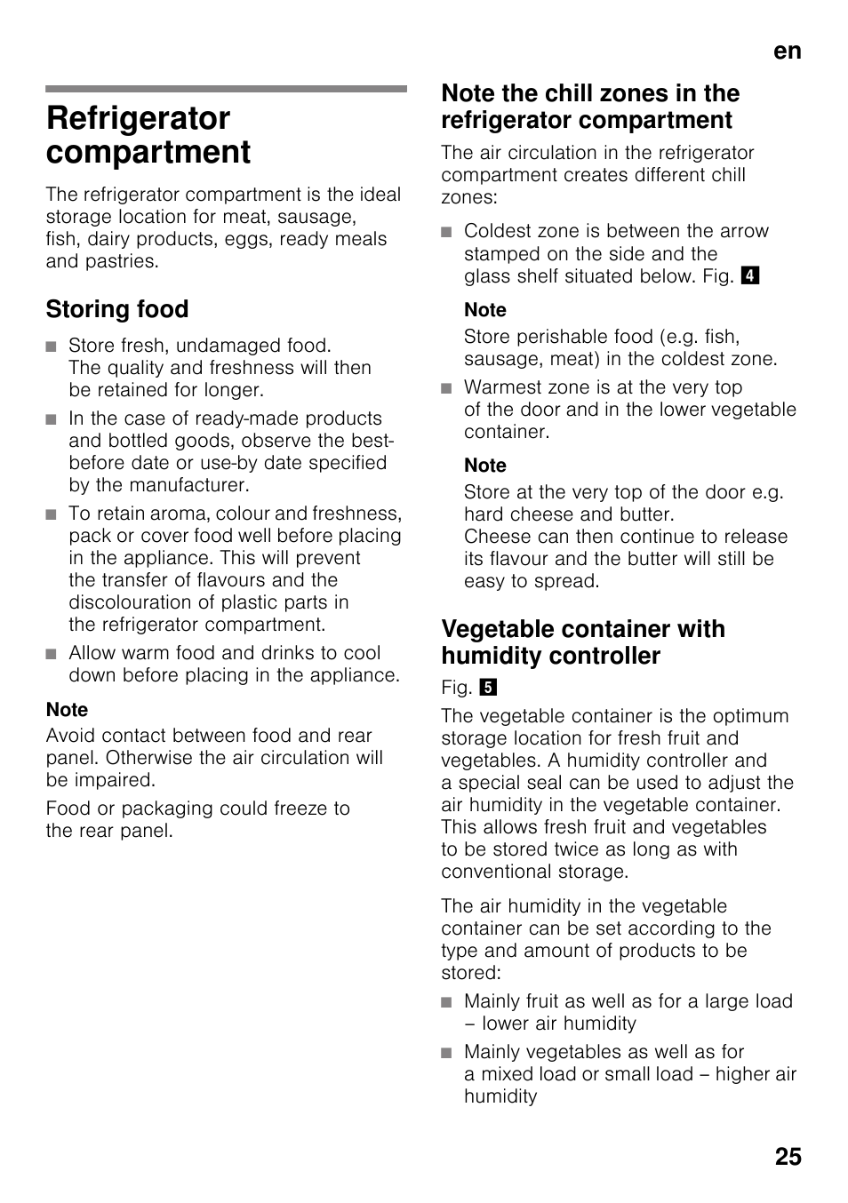 Refrigerator compartment, Storing food, Note | Vegetable container with humidity controller, En 25 | Neff KI2223D40 User Manual | Page 25 / 83
