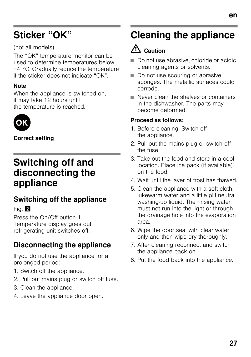 Sticker “ok, Switching off and disconnecting the appliance, Switching off the appliance | Disconnecting the appliance, Cleaning the appliance, M caution, The appliance cleaning the appliance, En 27 | Neff KI2223D40 User Manual | Page 27 / 83