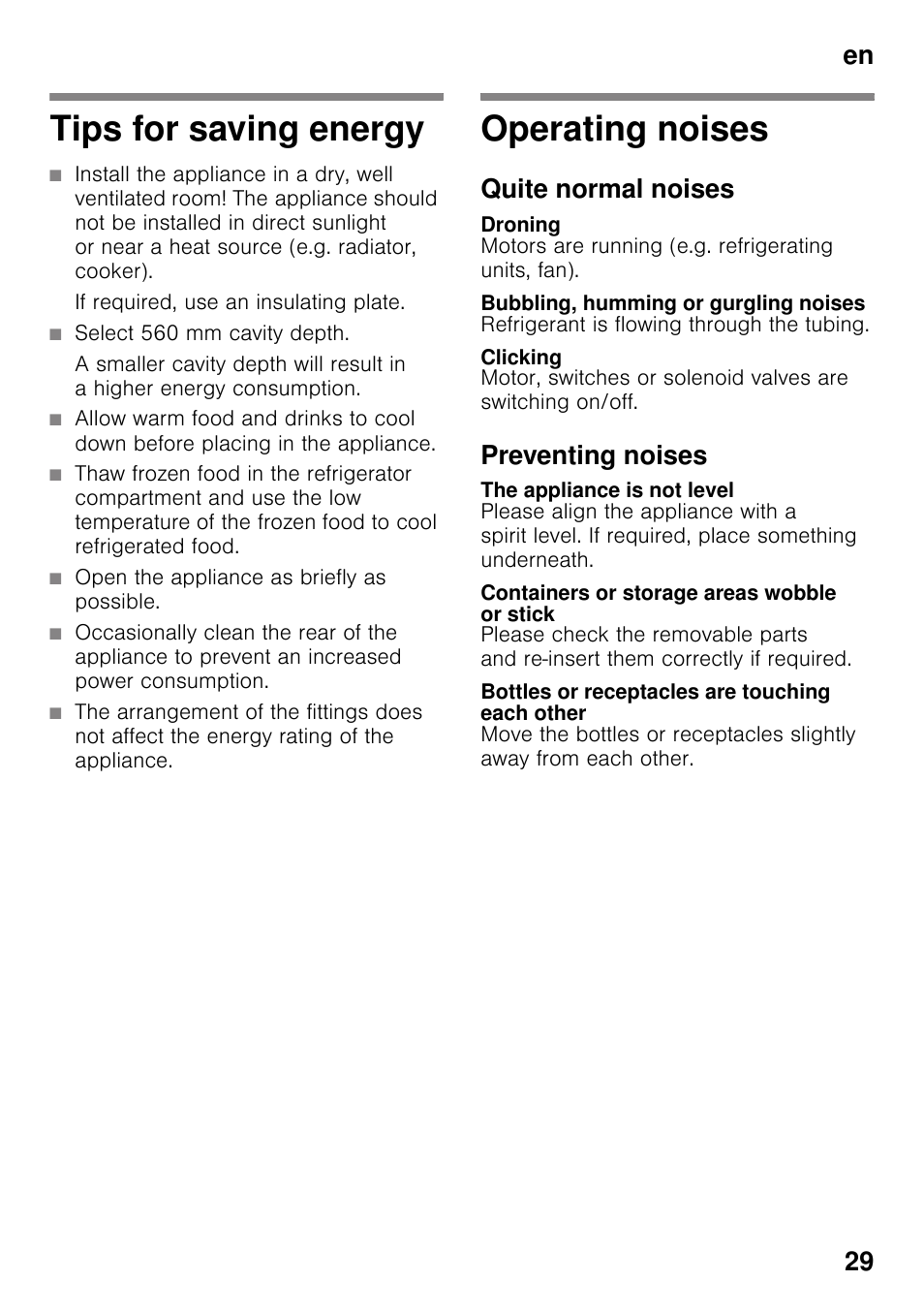 Tips for saving energy, If required, use an insulating plate, Select 560 mm cavity depth | Open the appliance as briefly as possible, Operating noises, Quite normal noises, Droning, Bubbling, humming or gurgling noises, Clicking, Preventing noises | Neff KI2223D40 User Manual | Page 29 / 83