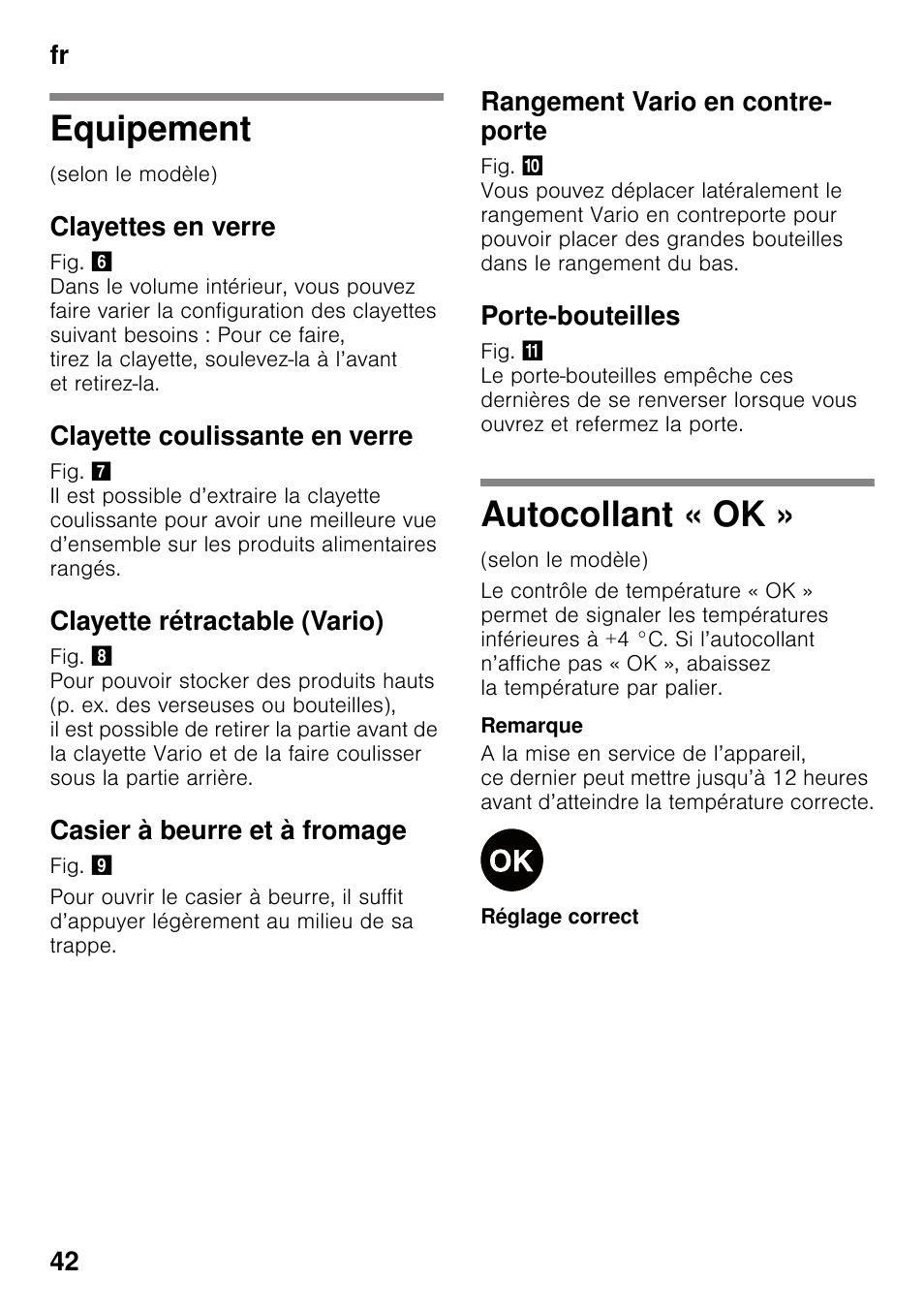 Equipement, Clayettes en verre, Clayette coulissante en verre | Clayette rétractable (vario), Casier à beurre et à fromage, Rangement vario en contre- porte, Porte-bouteilles, Autocollant « ok, Equipement autocollant « ok, Fr 42 | Neff KI2223D40 User Manual | Page 42 / 83