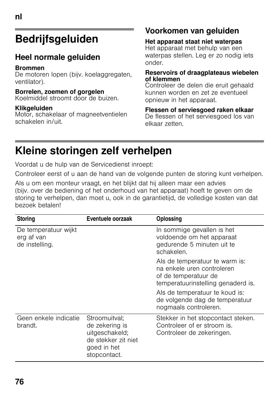 Bedrijfsgeluiden, Heel normale geluiden, Brommen | Borrelen, zoemen of gorgelen, Klikgeluiden, Voorkomen van geluiden, Het apparaat staat niet waterpas, Reservoirs of draagplateaus wiebelen of klemmen, Flessen of serviesgoed raken elkaar, Kleine storingen zelf verhelpen | Neff KI2223D40 User Manual | Page 76 / 83