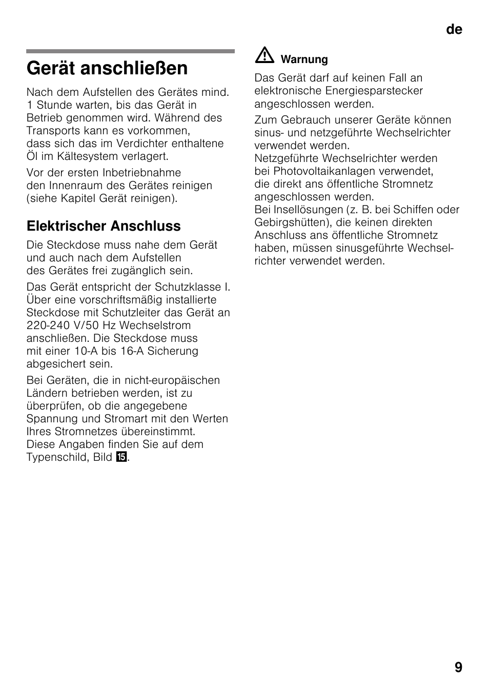Gerät anschließen, Elektrischer anschluss, De 9 | Neff KI2223D40 User Manual | Page 9 / 83