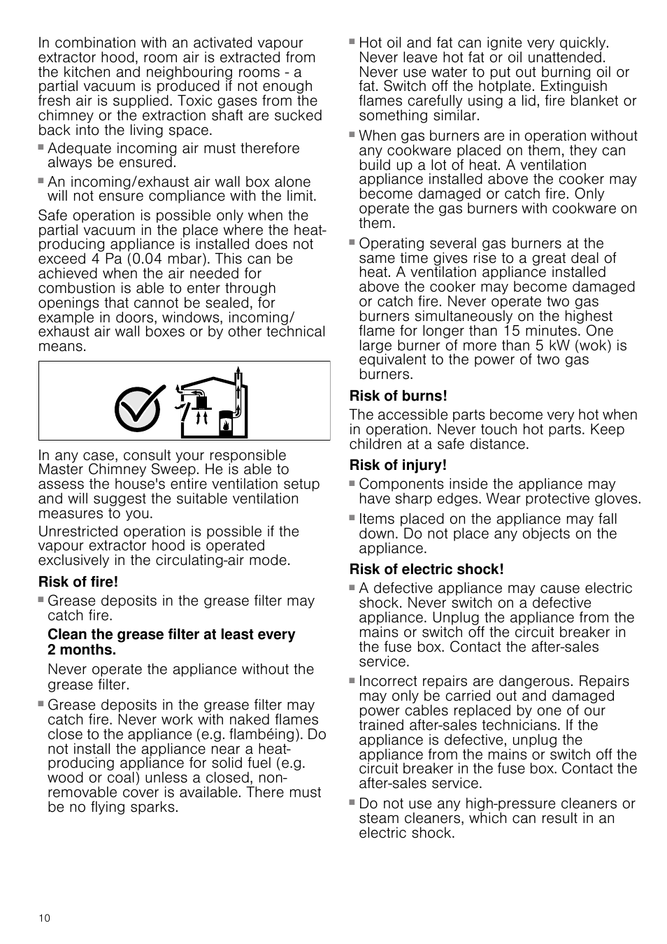 Risk of fire, Clean the grease filter at least every 2 months, Risk of burns | Risk of injury, Risk of electric shock | Neff D39E49S0 User Manual | Page 10 / 52