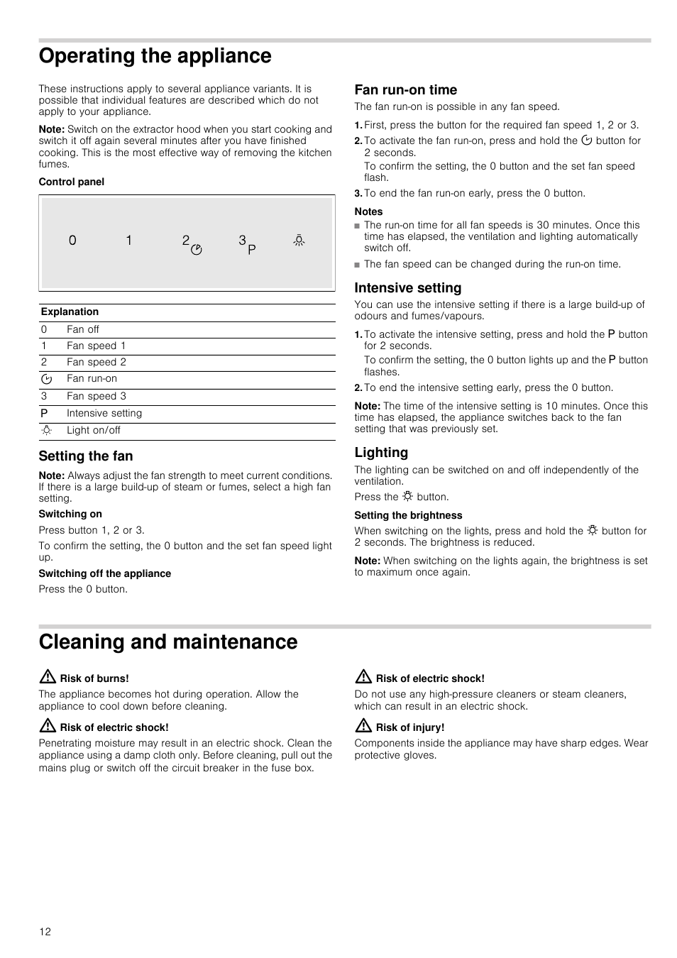 Operating the appliance, Note, Control panel | Setting the fan, Fan run-on time, To end the fan run-on early, press the 0 button, Notes, Intensive setting, Lighting, Cleaning and maintenance | Neff D39E49S0 User Manual | Page 12 / 52