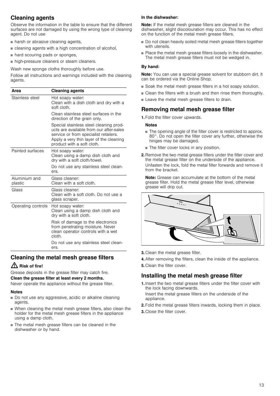 Cleaning agents, Cleaning the metal mesh grease filters, Risk of fire | Notes, In the dishwasher, Note, By hand, Removing metal mesh grease filter, Fold the filter cover upwards, Clean the metal grease filter | Neff D39E49S0 User Manual | Page 13 / 52
