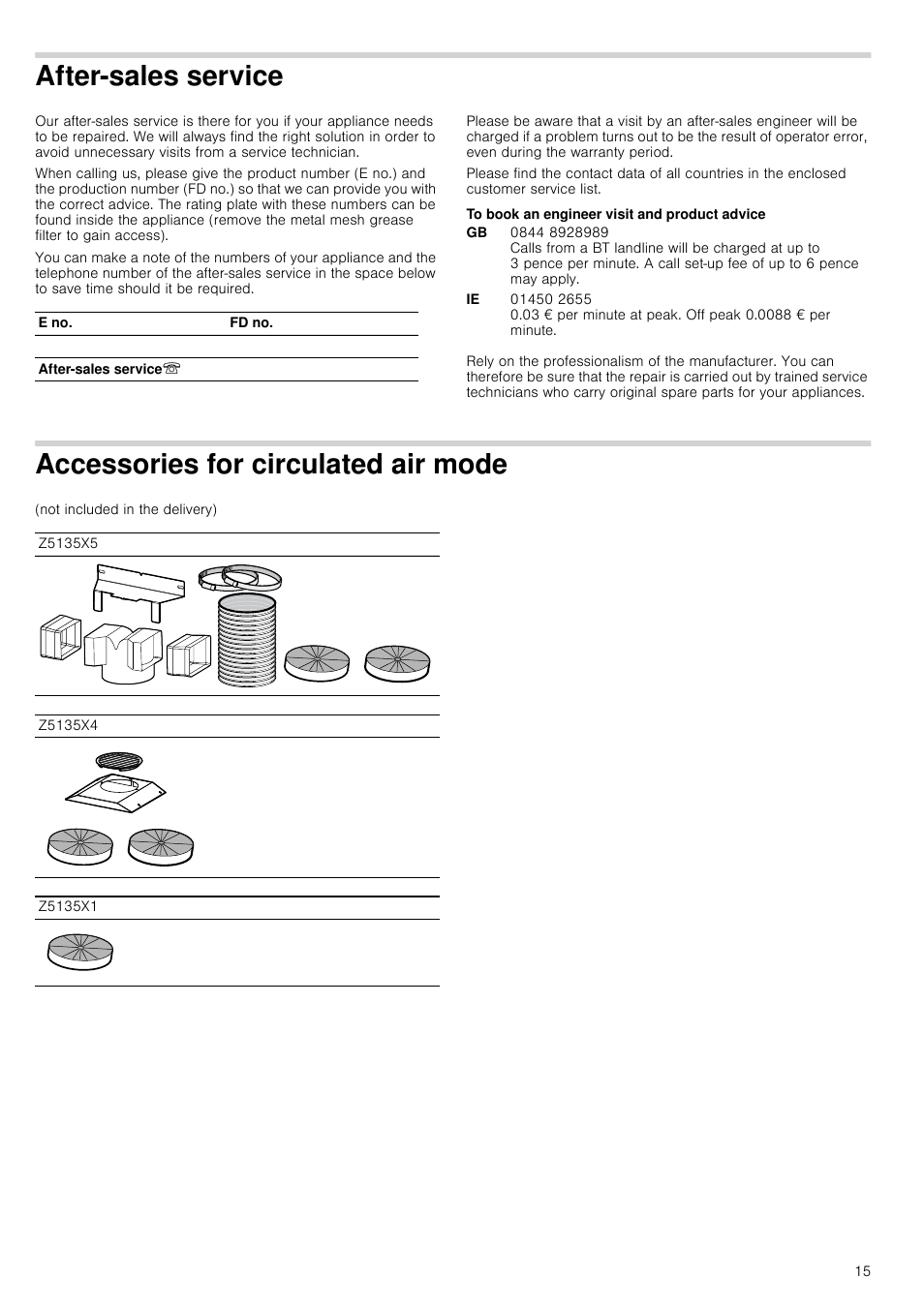 After-sales service, To book an engineer visit and product advice, Accessories for circulated air mode | Vice | Neff D39E49S0 User Manual | Page 15 / 52