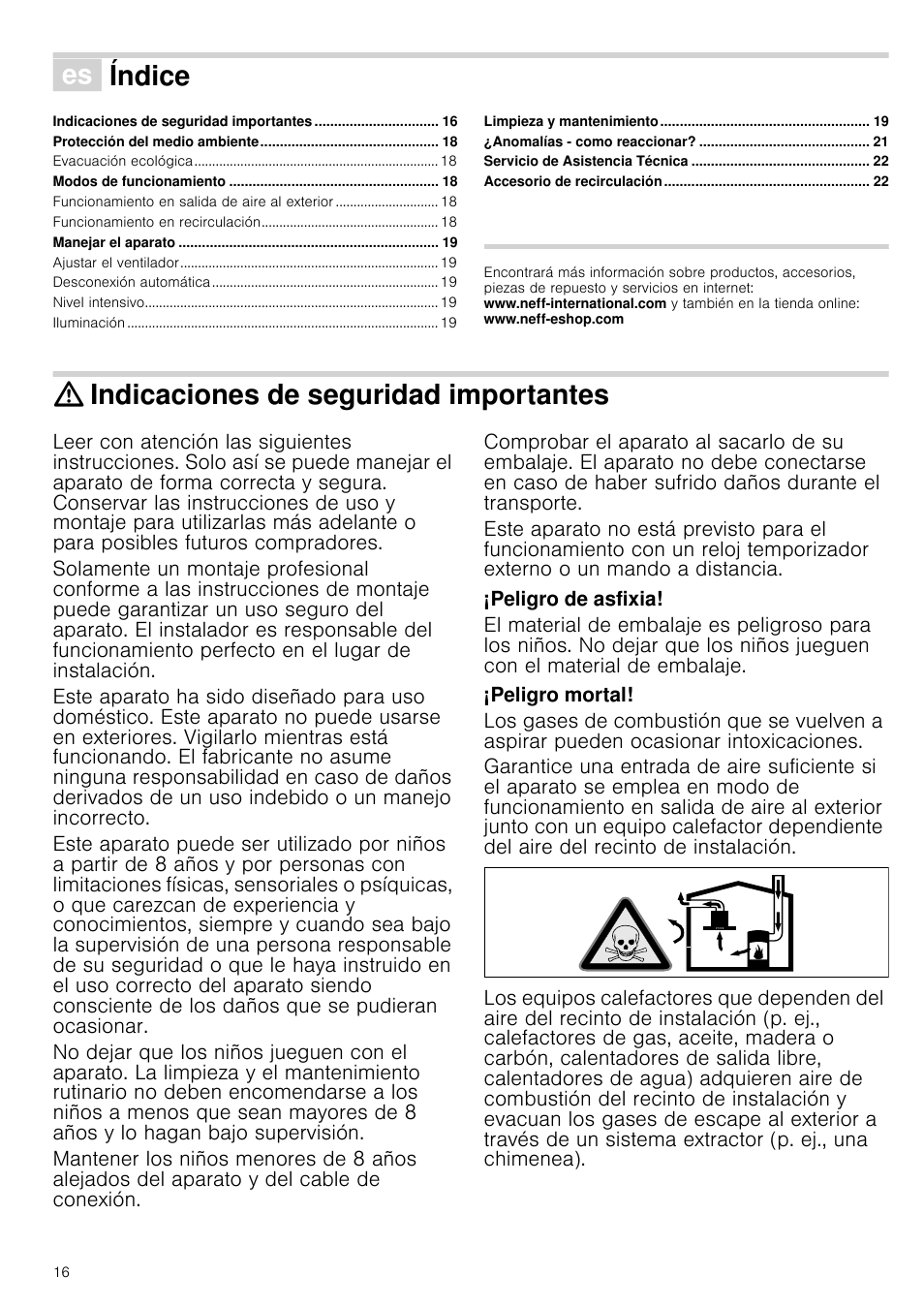 Û índice[es] instrucciones de uso, Indicaciones de seguridad importantes, Peligro de asfixia | Peligro mortal, Instrucciones de uso, Índice | Neff D39E49S0 User Manual | Page 16 / 52
