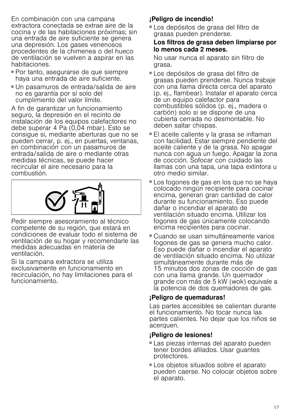 Peligro de incendio, No usar nunca el aparato sin filtro de grasa, Peligro de quemaduras | Peligro de lesiones | Neff D39E49S0 User Manual | Page 17 / 52