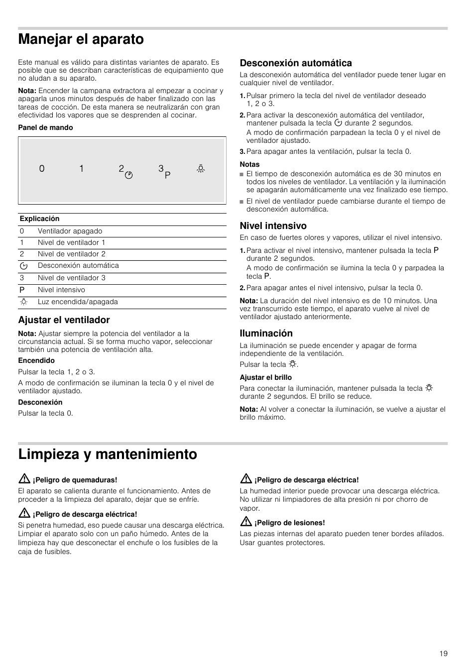 Manejar el aparato, Nota, Panel de mando | Ajustar el ventilador, Desconexión automática, Notas, Nivel intensivo, Iluminación, Limpieza y mantenimiento, Peligro de quemaduras | Neff D39E49S0 User Manual | Page 19 / 52