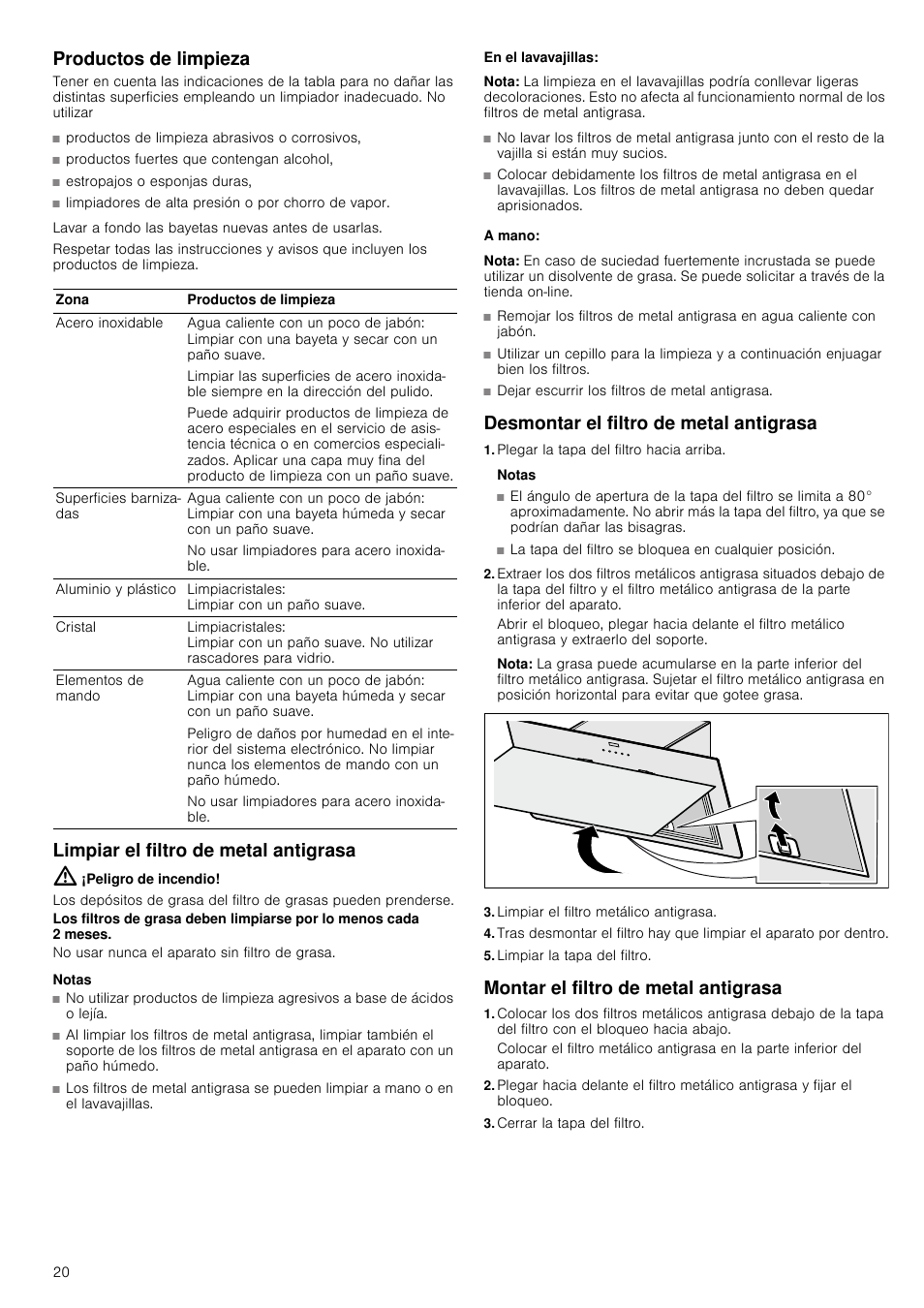 Productos de limpieza, Limpiar el filtro de metal antigrasa, Peligro de incendio | Notas, En el lavavajillas, Nota, A mano, Desmontar el filtro de metal antigrasa, Plegar la tapa del filtro hacia arriba, Limpiar el filtro metálico antigrasa | Neff D39E49S0 User Manual | Page 20 / 52