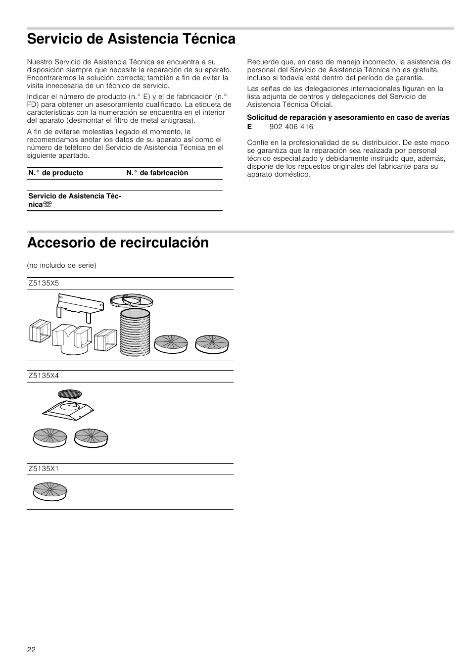 Servicio de asistencia técnica, Accesorio de recirculación, Encia técnica | Neff D39E49S0 User Manual | Page 22 / 52