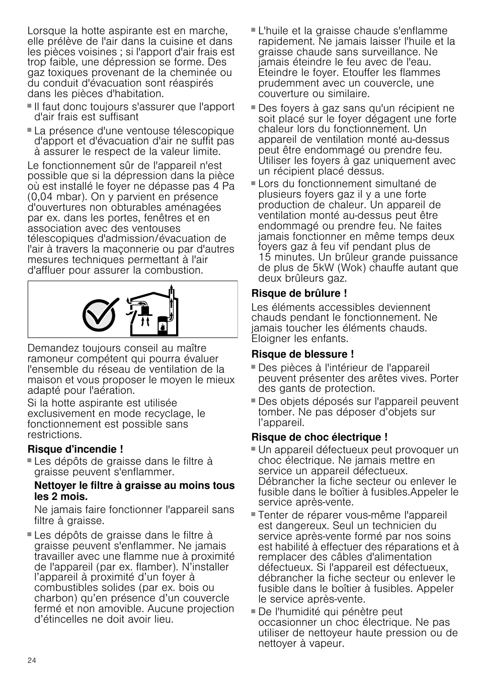 Risque d'incendie, Risque de brûlure, Risque de blessure | Risque de choc électrique | Neff D39E49S0 User Manual | Page 24 / 52