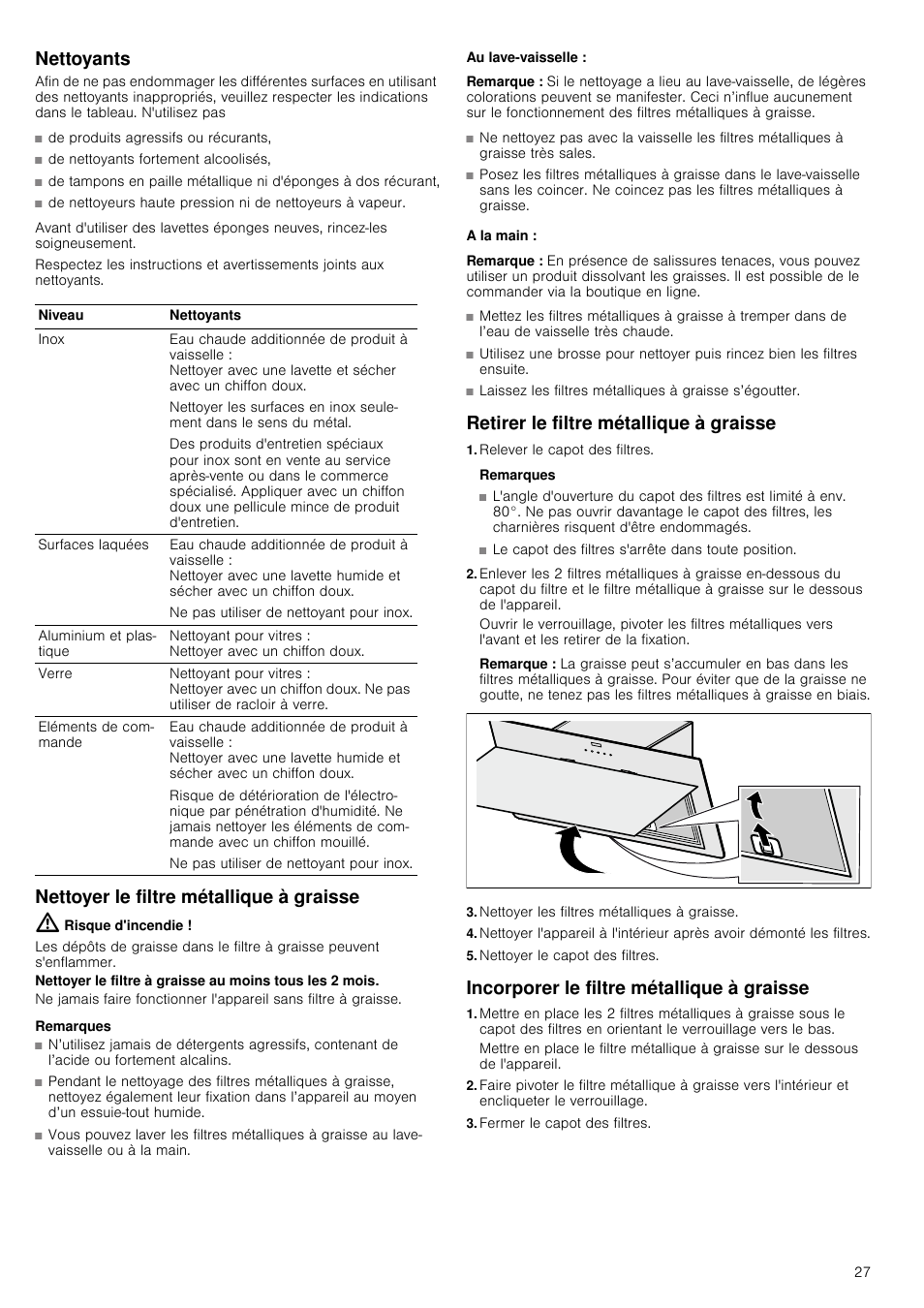 Nettoyants, Nettoyer le filtre métallique à graisse, Risque d'incendie | Remarques, Au lave-vaisselle, Remarque, A la main, Retirer le filtre métallique à graisse, Relever le capot des filtres, Nettoyer les filtres métalliques à graisse | Neff D39E49S0 User Manual | Page 27 / 52