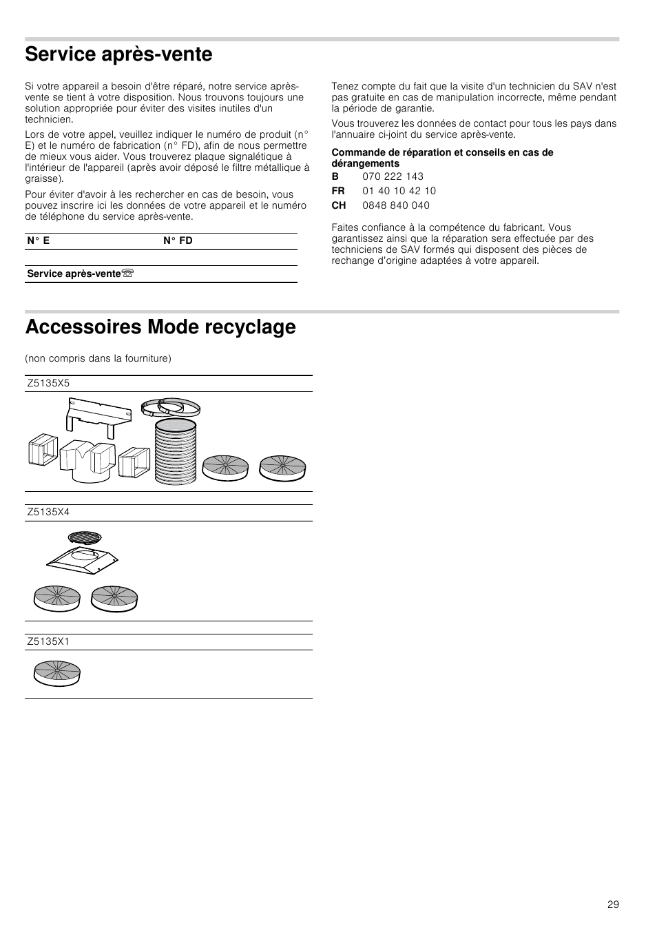 Service après-vente, Accessoires mode recyclage | Neff D39E49S0 User Manual | Page 29 / 52