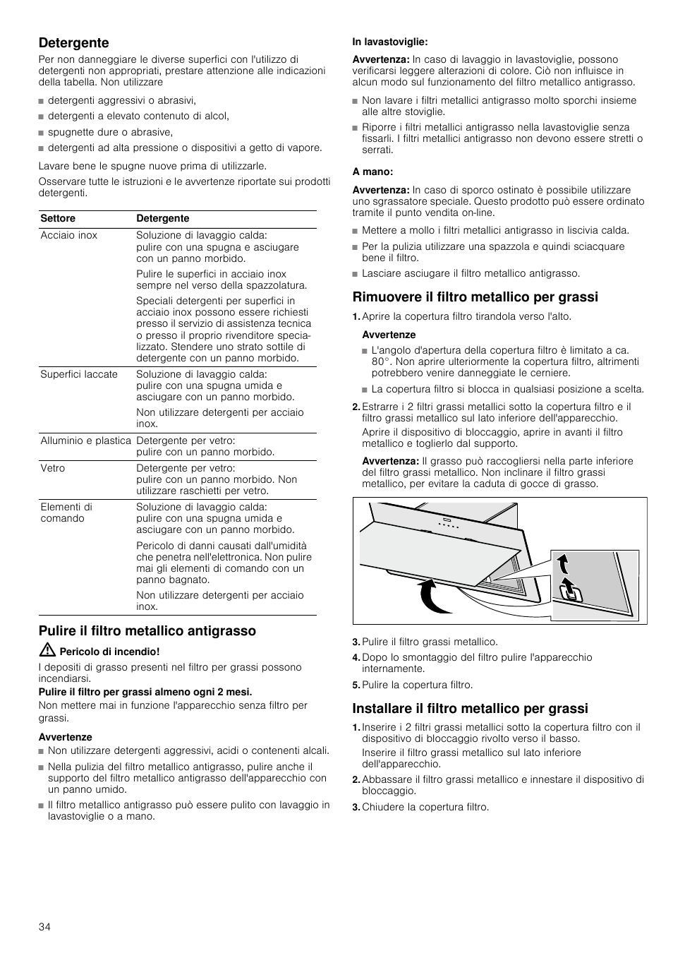 Detergente, Pulire il filtro metallico antigrasso, Pericolo di incendio | Avvertenze, In lavastoviglie, Avvertenza, A mano, Rimuovere il filtro metallico per grassi, Aprire la copertura filtro tirandola verso l'alto, Pulire il filtro grassi metallico | Neff D39E49S0 User Manual | Page 34 / 52