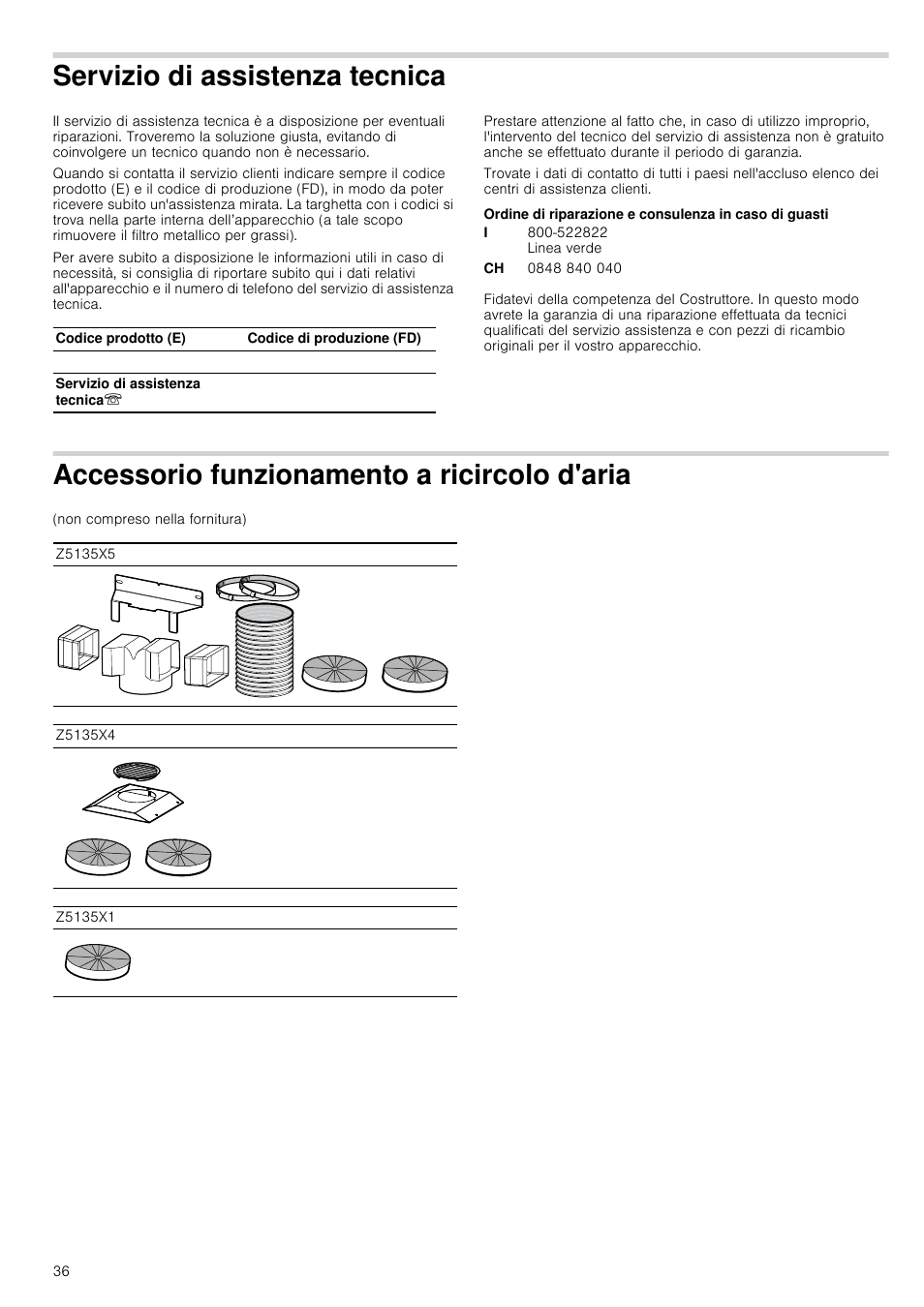 Servizio di assistenza tecnica, Accessorio funzionamento a ricircolo d'aria, Ecnica | Neff D39E49S0 User Manual | Page 36 / 52
