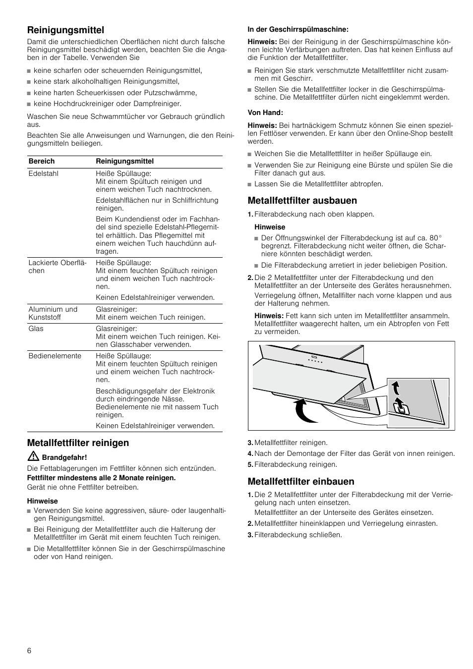 Reinigungsmittel, Metallfettfilter reinigen, Brandgefahr | Hinweise, In der geschirrspülmaschine, Hinweis, Von hand, Metallfettfilter ausbauen, Filterabdeckung nach oben klappen, Filterabdeckung reinigen | Neff D39E49S0 User Manual | Page 6 / 52