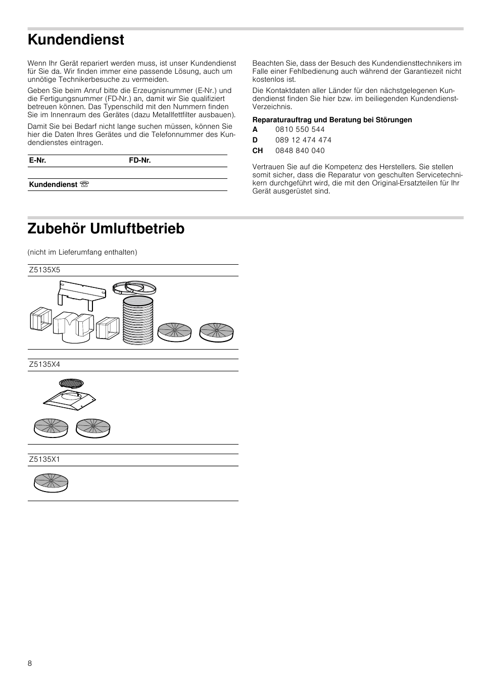 Kundendienst, Reparaturauftrag und beratung bei störungen, Zubehör umluftbetrieb | Neff D39E49S0 User Manual | Page 8 / 52