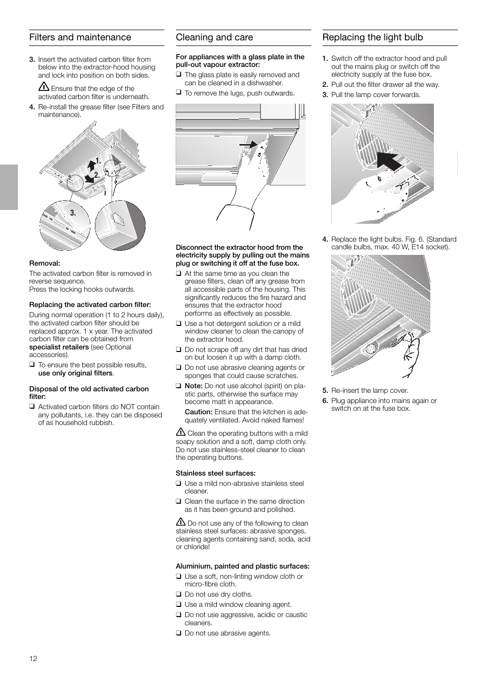 Filters and maintenance, Cleaning and care, Replacing the light bulb | Neff D4654X0 User Manual | Page 12 / 56