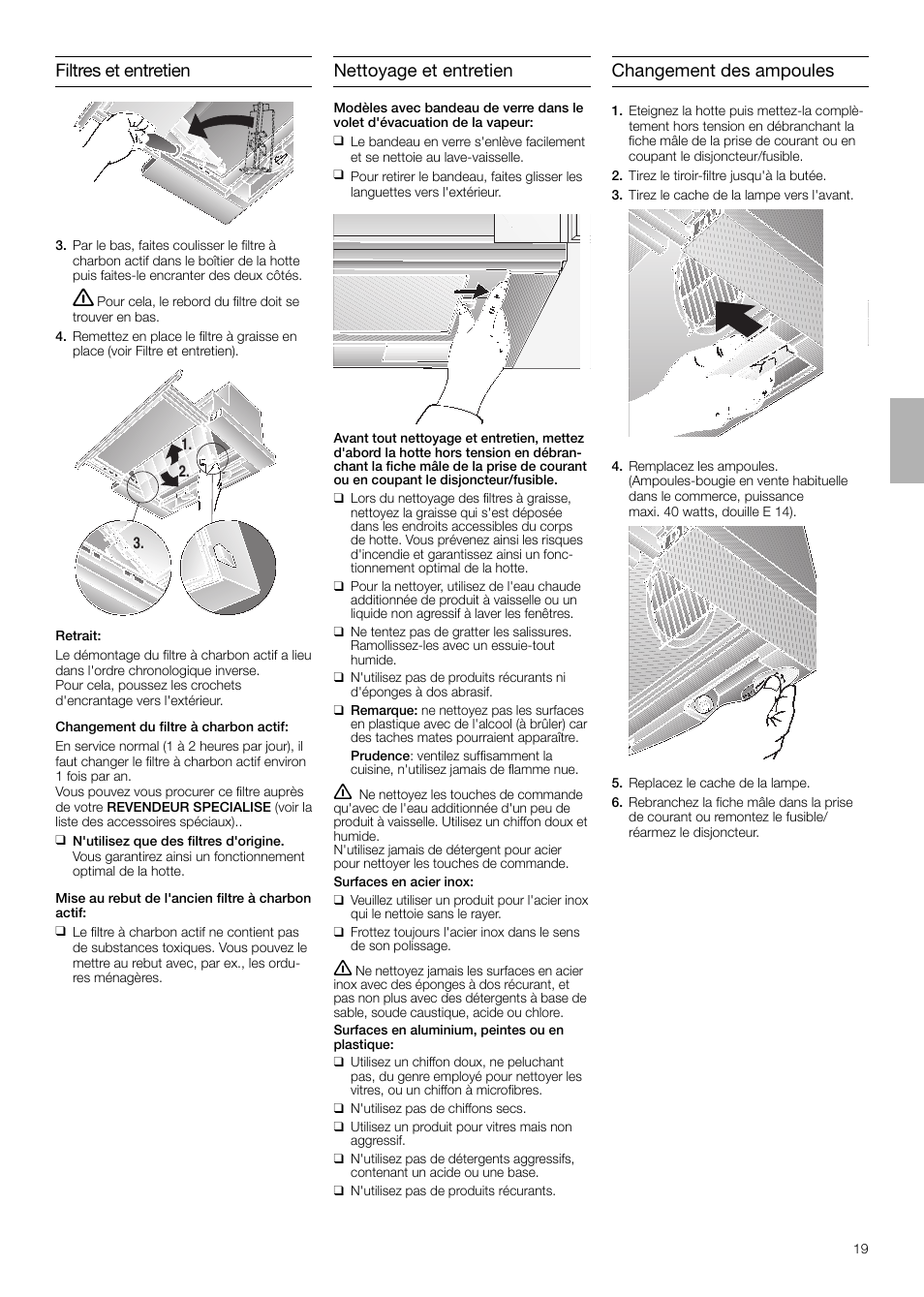 Filtres et entretien, Nettoyage et entretien, Changement des ampoules | Neff D4654X0 User Manual | Page 19 / 56