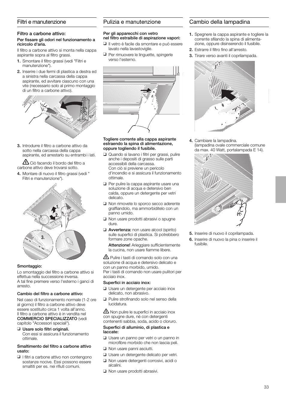 Filtri e manutenzione, Pulizia e manutenzione, Cambio della lampadina | Neff D4654X0 User Manual | Page 33 / 56