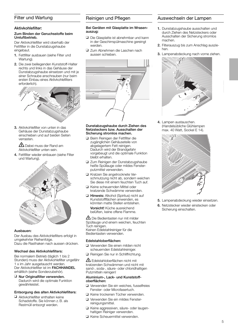 Reinigen und pflegen, Filter und wartung, Auswechseln der lampen | Neff D4654X0 User Manual | Page 5 / 56