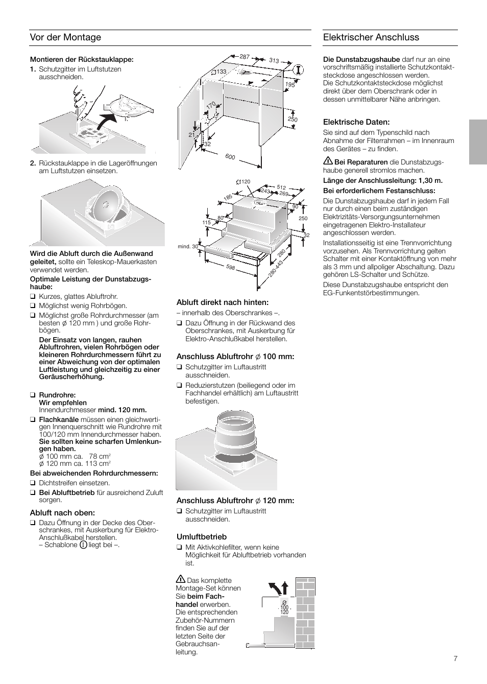 Vor der montage, Elektrischer anschluss | Neff D4654X0 User Manual | Page 7 / 56